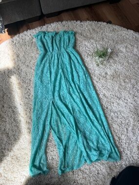 Strapless maxi Speechless strapless y2k, vintage slotted Lace Maxi Dress in Aqua